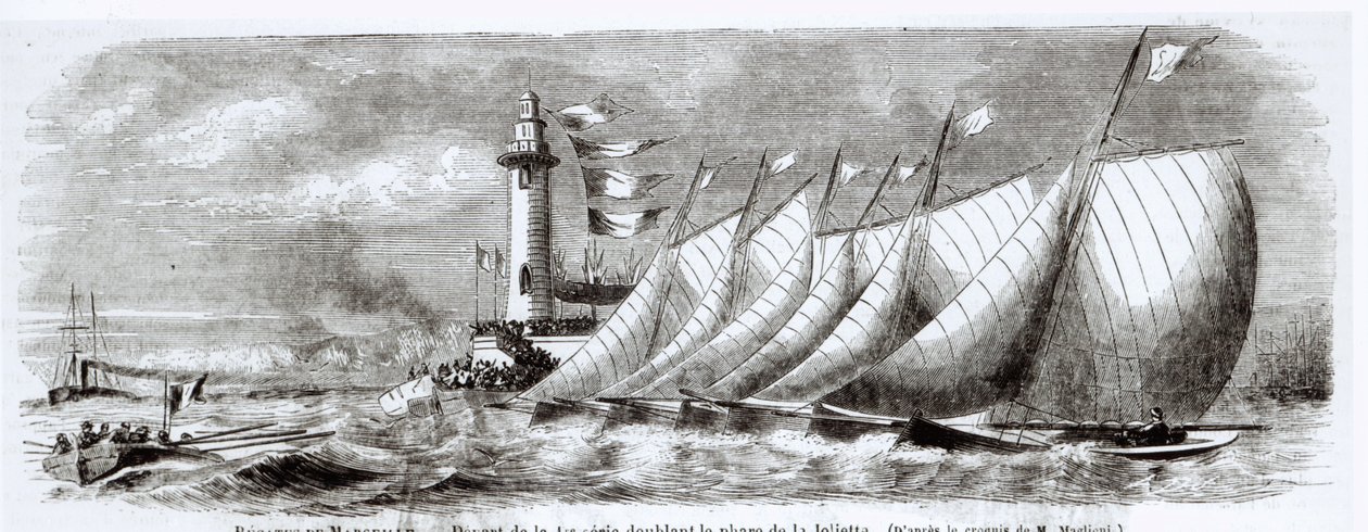 Yachter som rundar Joliette-fyren under 1864 års regatta i Marseille, från Le Monde Illustre, 17 september, 1864 av French School