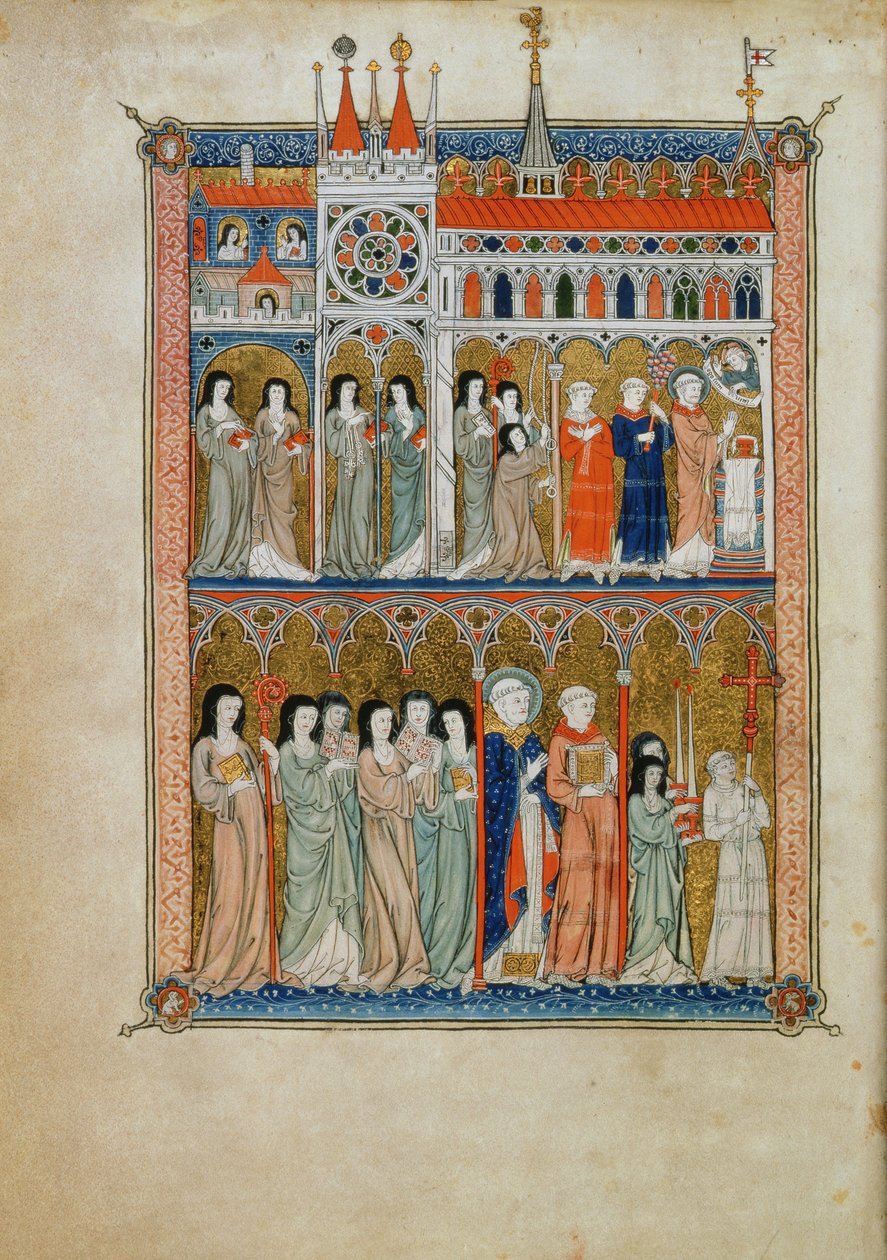 Yates Thompson 11 f.6v Mässa deltog av tjänstemän med en procession nedanför, c.1300 (vellum) av French School