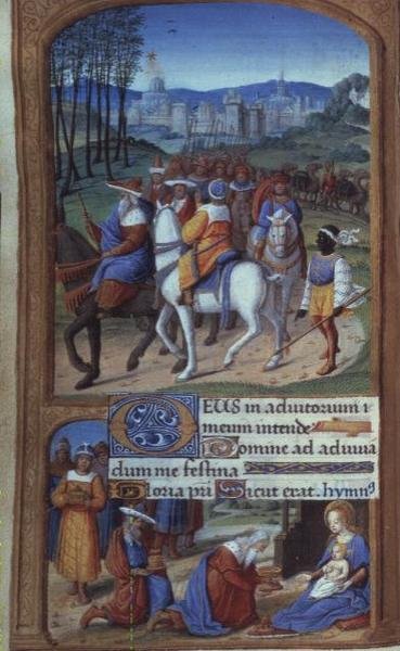 Yates Thompson 5 f.48v Adoration of the Magi, from the Tilliot Hours, Tours (vellum) (detalj av 20292) av French School
