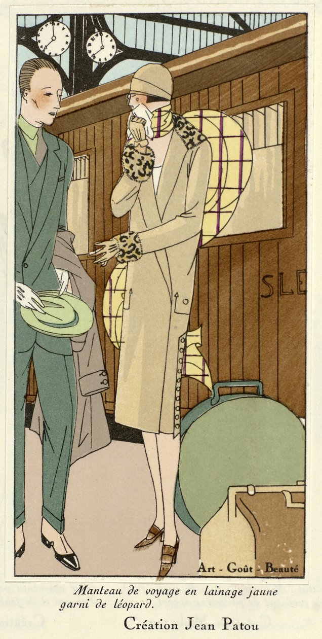 Reserock i gul ull med leopardkant, från Art-Gout-Beaute, pub.1920-tal (pochoirtryck) av French School