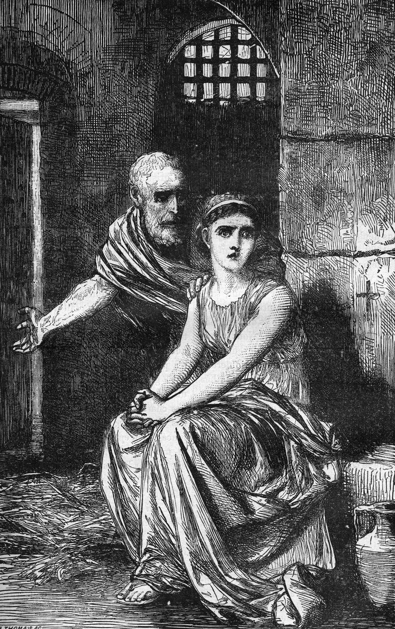 Den unga kristna jungfrun Theodora av Alexandria låstes in i ett utsvävningshus för att hon vägrade ge upp sin tro. Gravyr i "Prostitutionens och utsvävningens historia bland alla världens folk från antiken till våra dagar" av Dr Th. -F. av French School