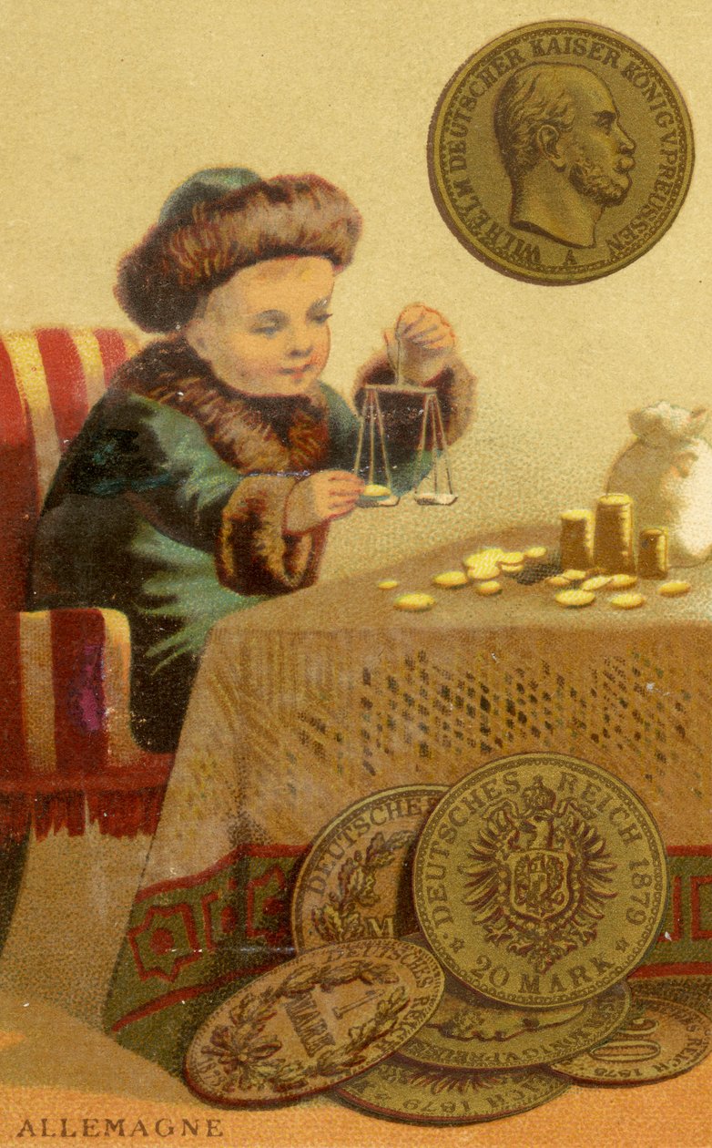 Ung tysk bankman som väger tyska mark, från en serie reklamkort på valutor i olika länder, publicerade i Paris av Baster & Vieillemard för användning av chokladproducenten Chocol av French School
