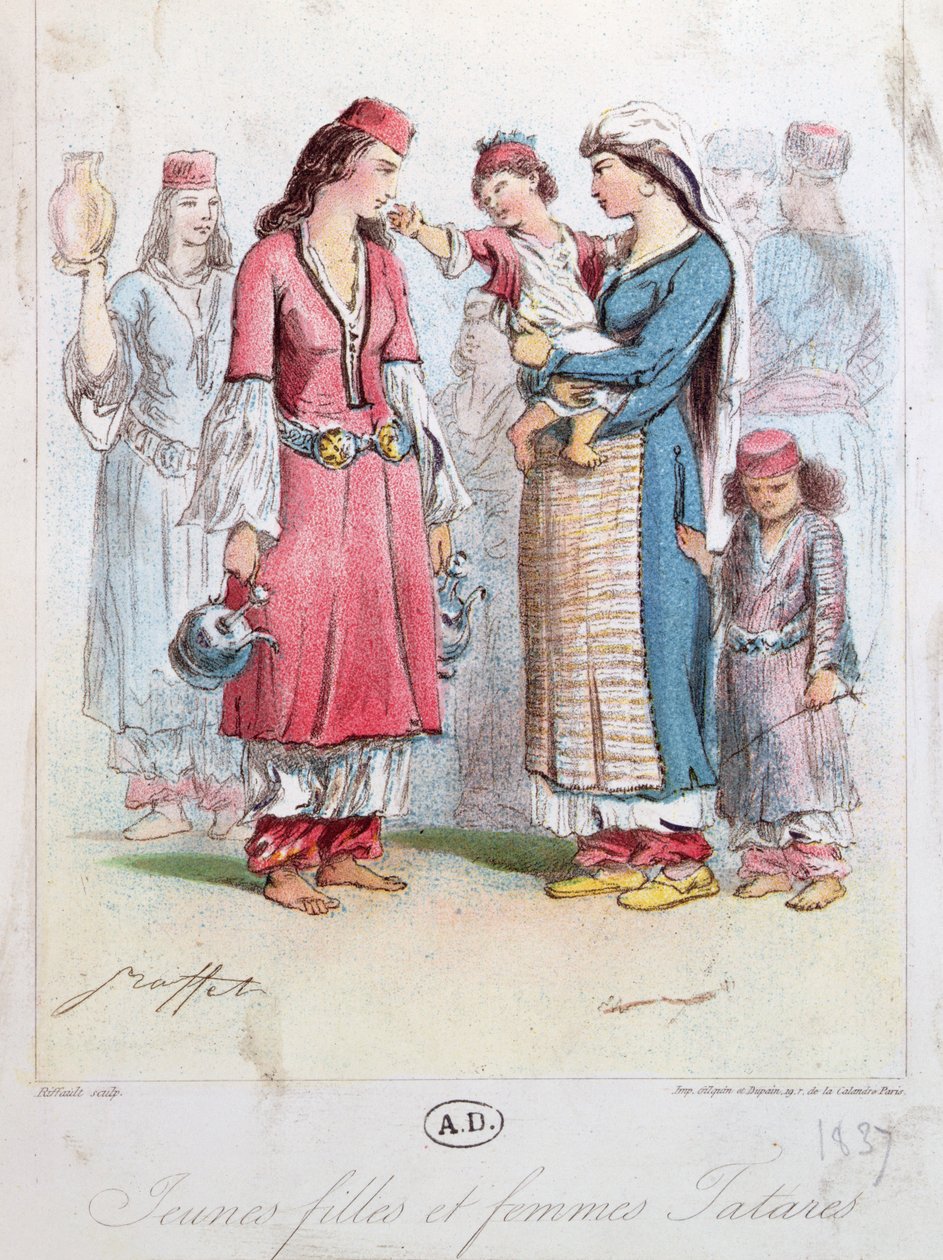 Young Tartar Girls and Women, 1837 (colour engraving) av French School