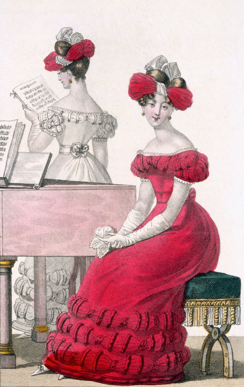 Ung kvinna i en crepe aftonklänning med en utarbetad huvudbonad, annons i Modes de Paris, ca 1825 av French School