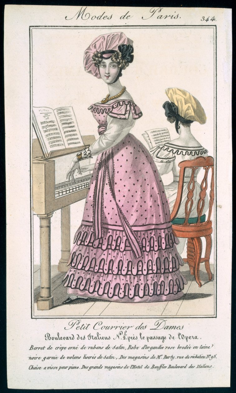 Ung kvinna i en rosa organdieklänning trimmad med svart och en crepe basker med satinband, annons från Modes de Paris, ca 1825 av French School