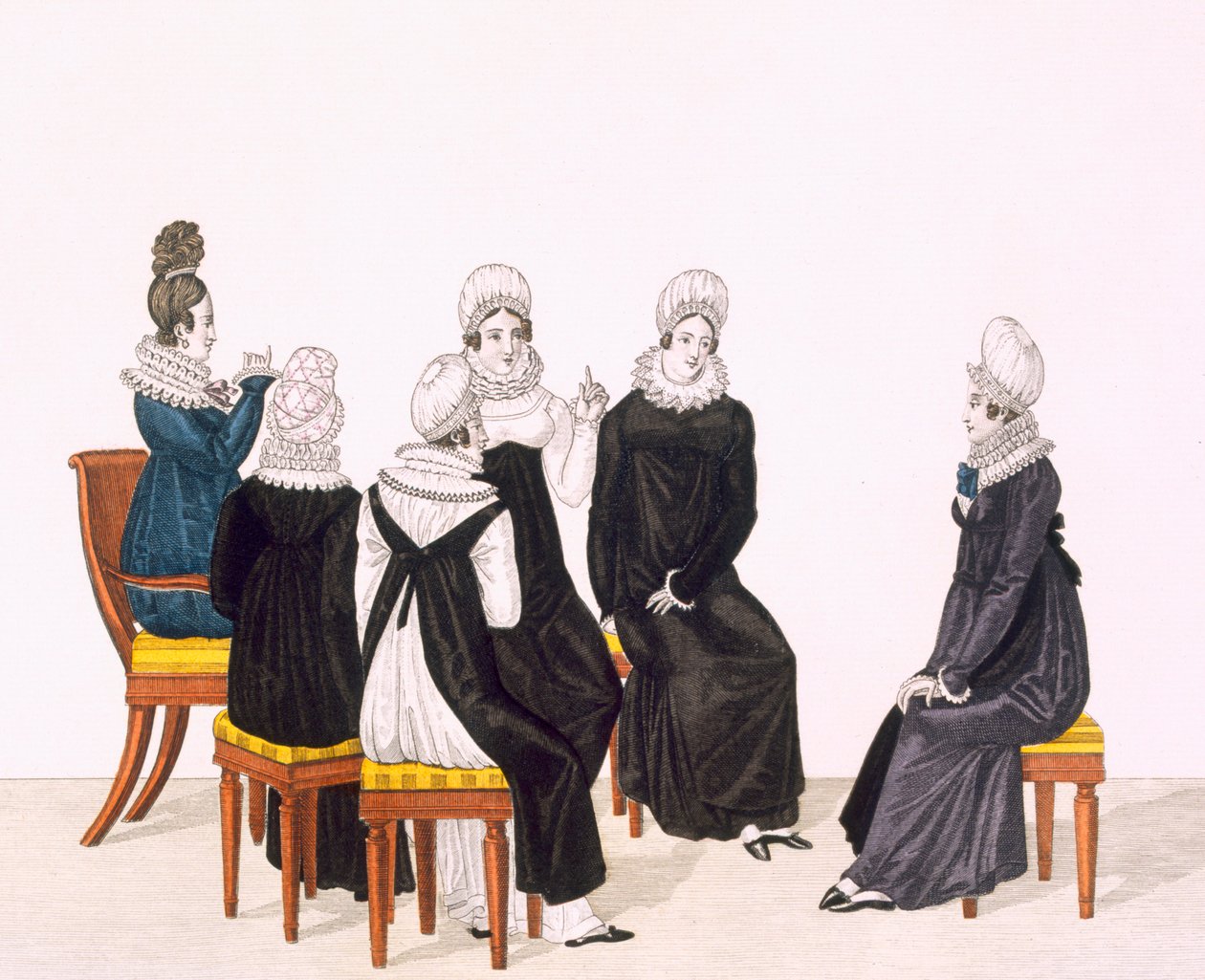 Unga kvinnor som chattar, c. 1820 (färggravyr) av French School