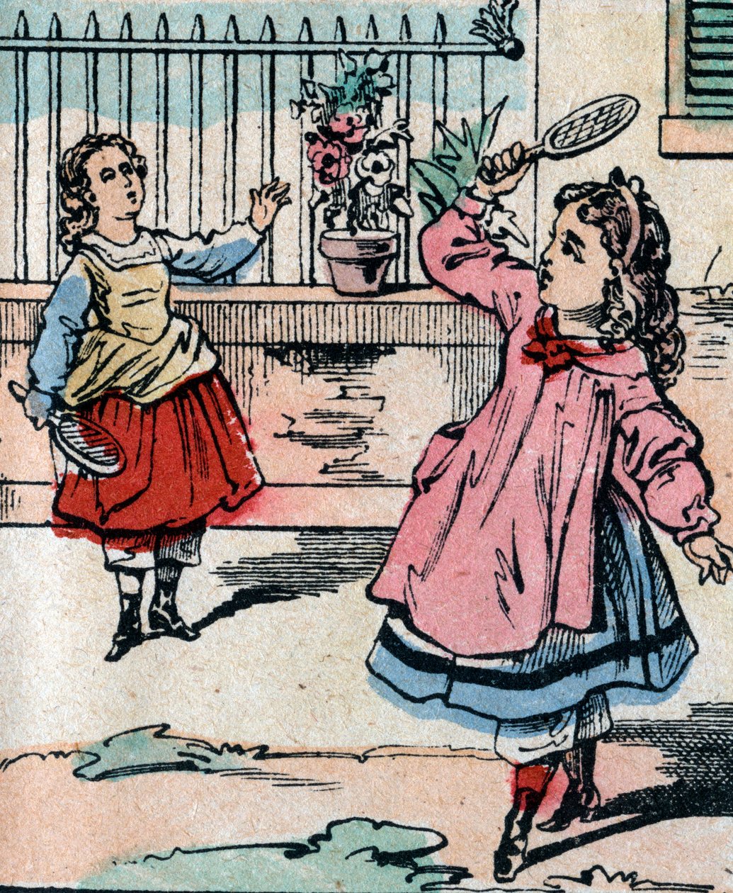 Unga flickor som spelar battledore och fjäderboll, tidigt spel som liknar badmington - Epinal bild - 1800-talet (gravyr) av French School