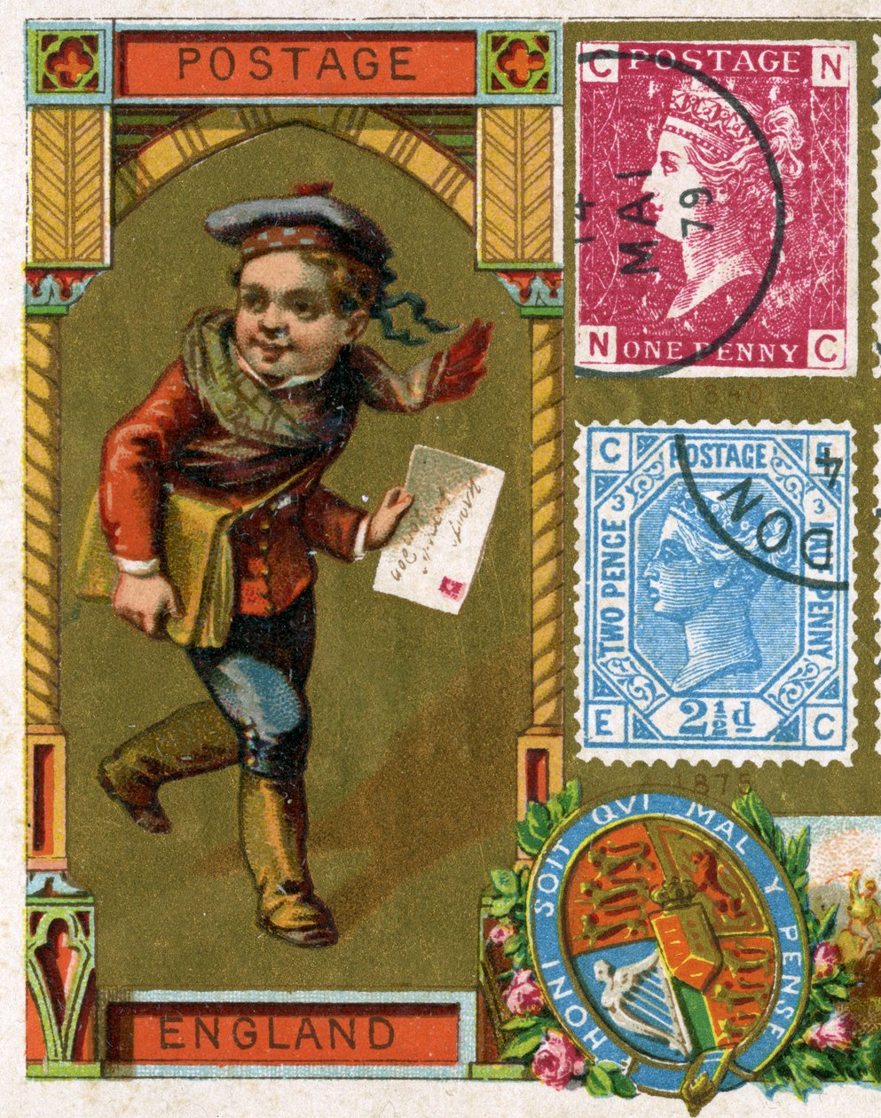 Ung brevbärare med sin brevsäck som levererar ett brev i det viktorianska England, sent 1800-tal av French School