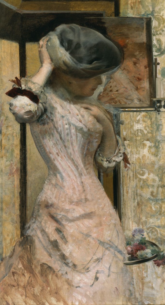 Ung kvinna framför spegeln, ca 1879-83 (olja på duk) av French School