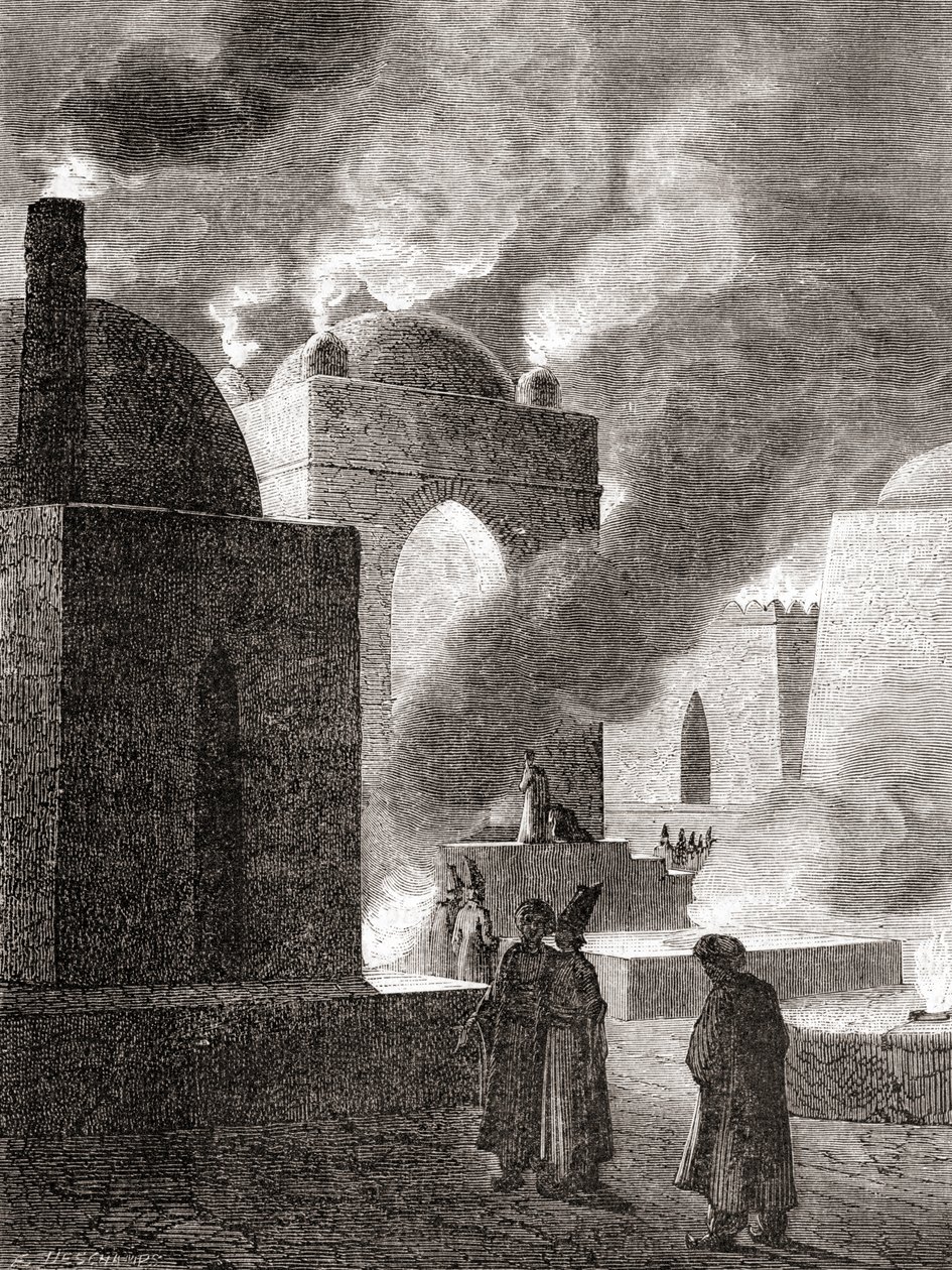 Zoroastriska elddyrkare vid ett eldtempel i Baku, Azerbajdzjan, från 