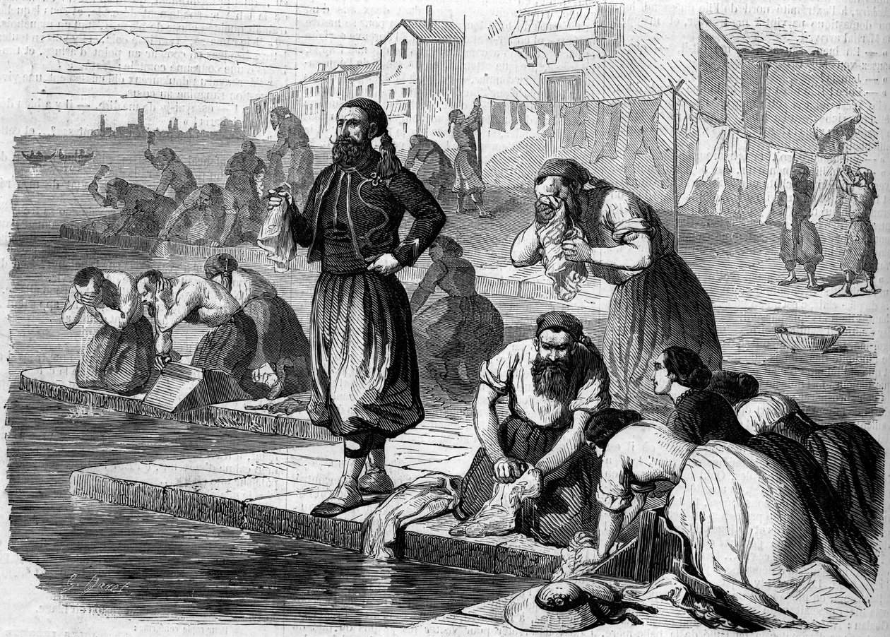 Zouaver från den franska armén tvättar sin tvätt. Italien, Risorgimento de 1859. Gravyr i "" Le Monde Illustré"" nr 122 av 13 augusti 1859. av French School