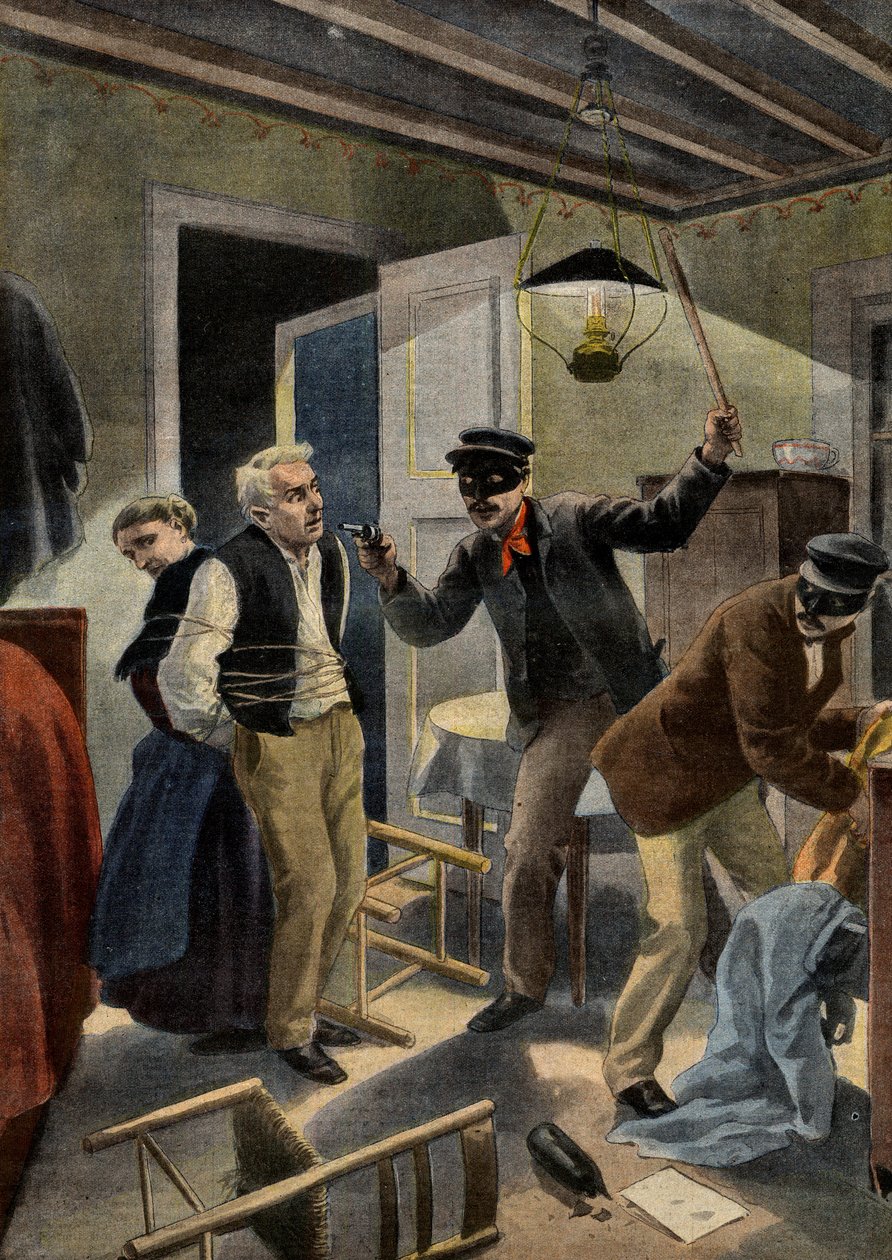 banditry - Banditry - Ett äldre par rånat av maskerade inkräktare i sitt hem i Gers, Frankrike. Scen för bandit i gers. Illustration för Le petit Journal, 26 januari 1902. av French School