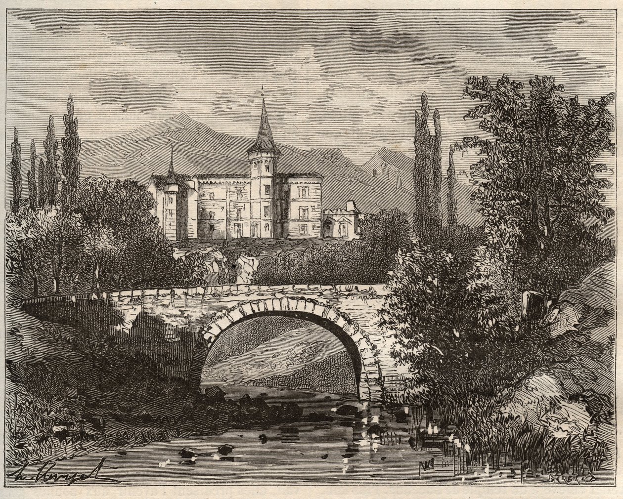 chateau de la rochelambert I dalen vid terminalen Haute-Loire (43) - gravyr i "La France illustrée: geografi, historia, statistisk administration" av V.-A. Maltbrunt. 1884 av French School