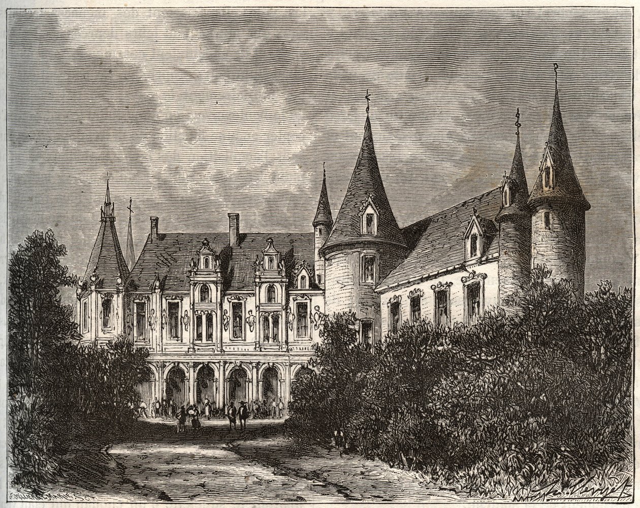 Chateau du Rocher vid Mezangers i Mayenne - gravyr i "La France illustrée: geography, history, statistical administration" av V.A. Malt-Brown. 1884 av French School