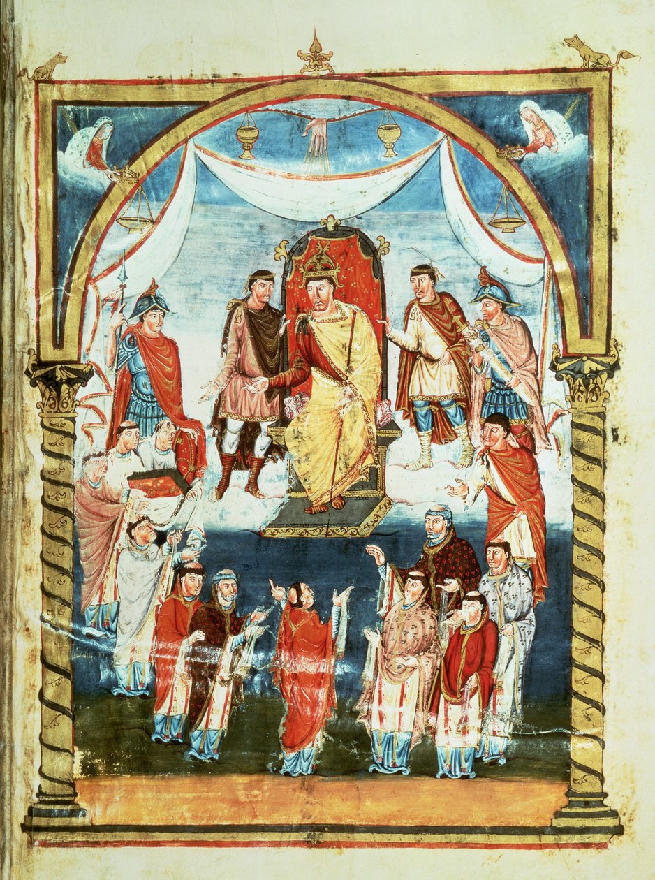ds Lat 1 fol.423r Kung Karl II tar emot en bibel från greve Vivian och munkarna av Saint-Martin de Tours, från den första bibeln av Karl den skallige, c.843-51 av French School