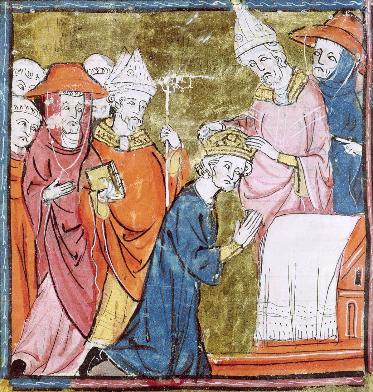 f.106r Kröningen av kejsar Karl den Store (742-814) av påven Leo III (c.750-816) i St. Peters, Rom 800, Grandes Chroniques de France, 1375-79 av French School