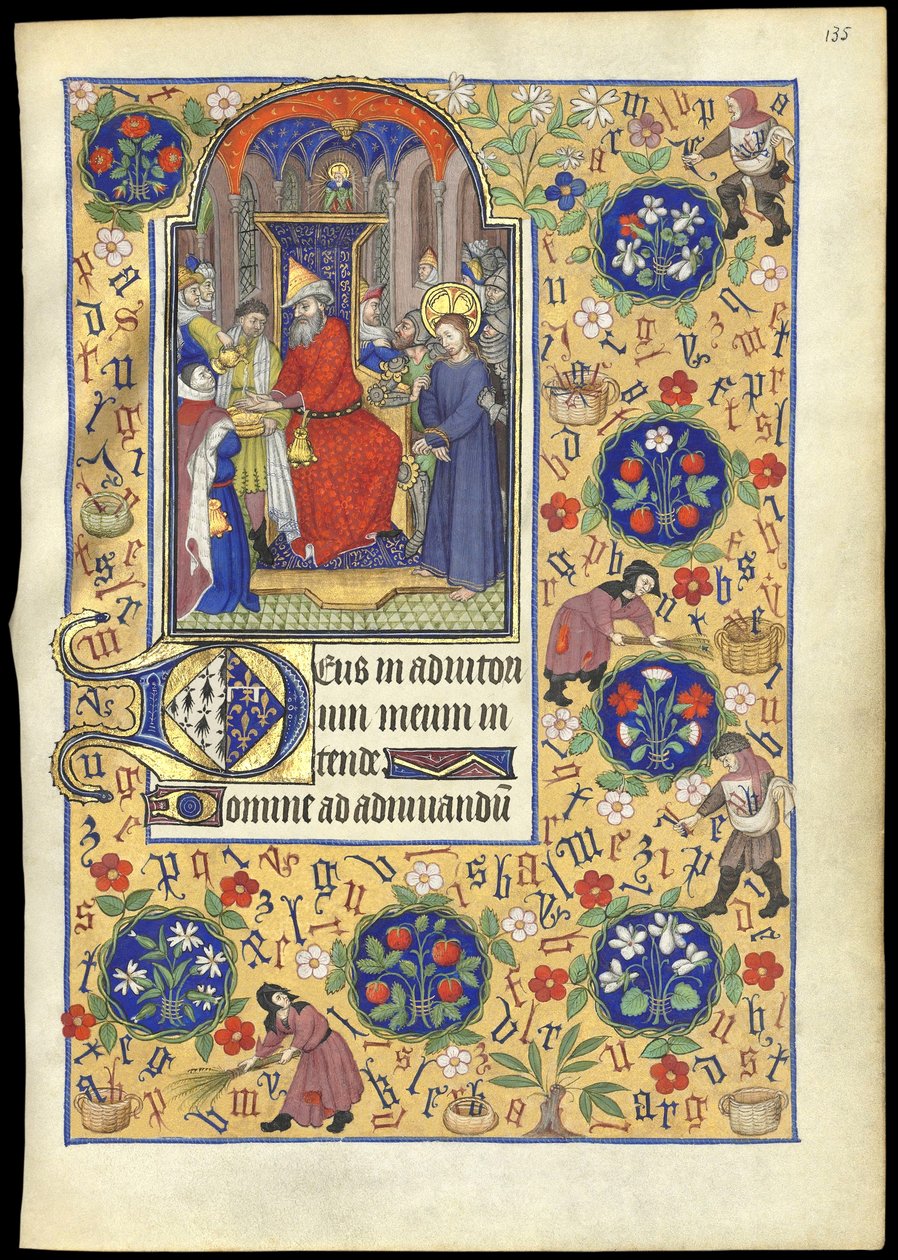 f.135r Miniatyr av Pilatus som tvättar sina händer om Jesu öde, från "Book of Hours of Marguerite d