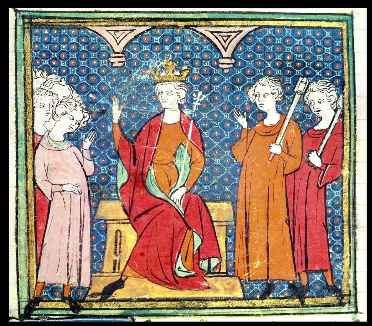 f.14v Childeric II (c.653-73), Merovinger kung av Austrasien, från Grandes Chroniques de France, 1375-79 av French School