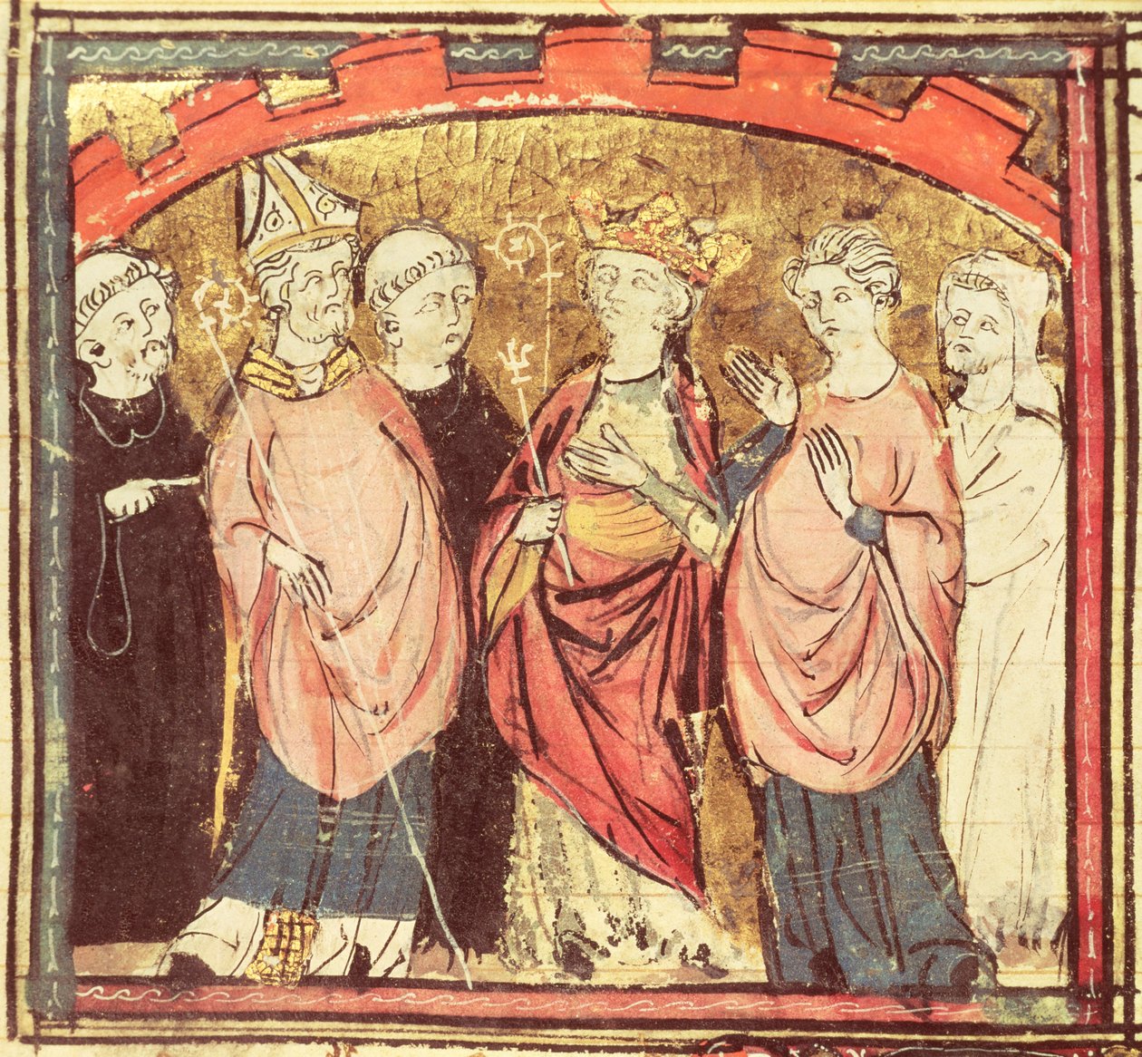 f.73r Dagobert I (605-39), kung av frankerna som tar emot kungariket Frankrike, från Grandes Chroniques de France, 1375-79 av French School