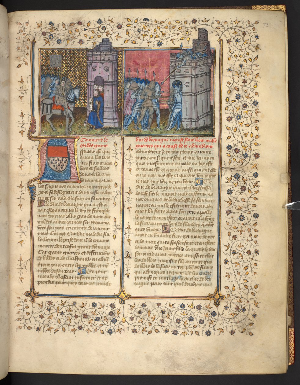f. 73: Siege of Brest, från "Chronicles of France and England", av Jean Froissart (vellum) av French School