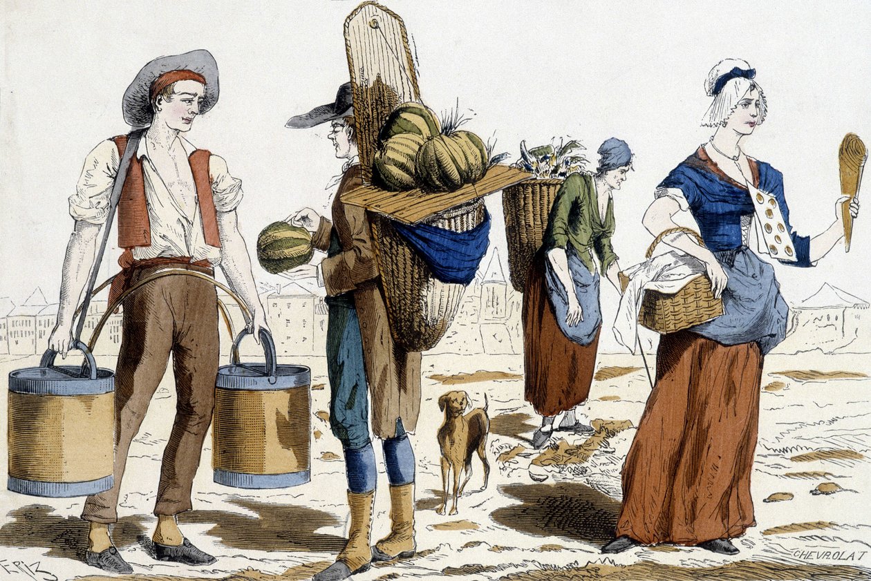 Illustration av 1700-talets Parisdräkter: vattenbärare, melonhandlare, chiffonnier, nöjeshandlare. av French School