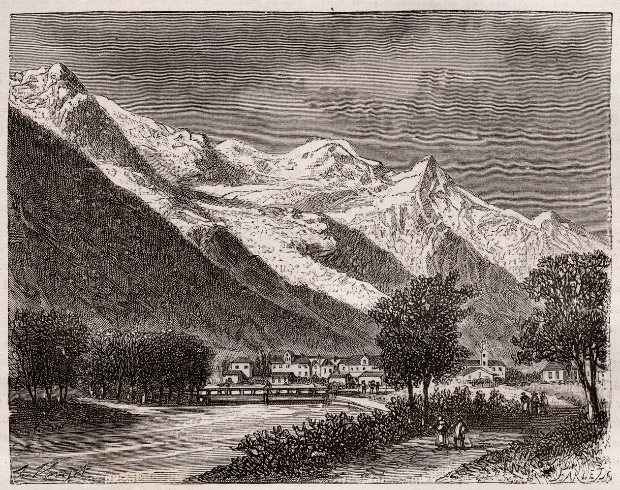 chamonixdalen och Mont Blanc - gravyr i "La France illustrée: geografi, historia, statistisk administration" av V.A. Malt-Brown. 1884 av French School