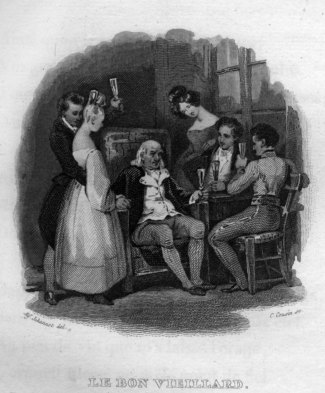 den gode gamle mannen Chanson de Beranger i ”” Oeuvres completes”” (1834) av Pierre Jean de Beranger (1780-1857), fransk poet och sångskrivare. av French School
