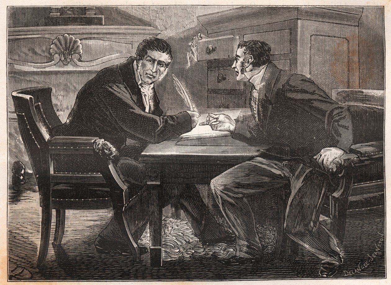 juli monarki - de tre dagarnas ministerium - intervju mellan Andre Dupin (1783-1865) och Jean-Charles (Jean-Charles) Persil (1785-1870) - 1834 - gravyr av French School