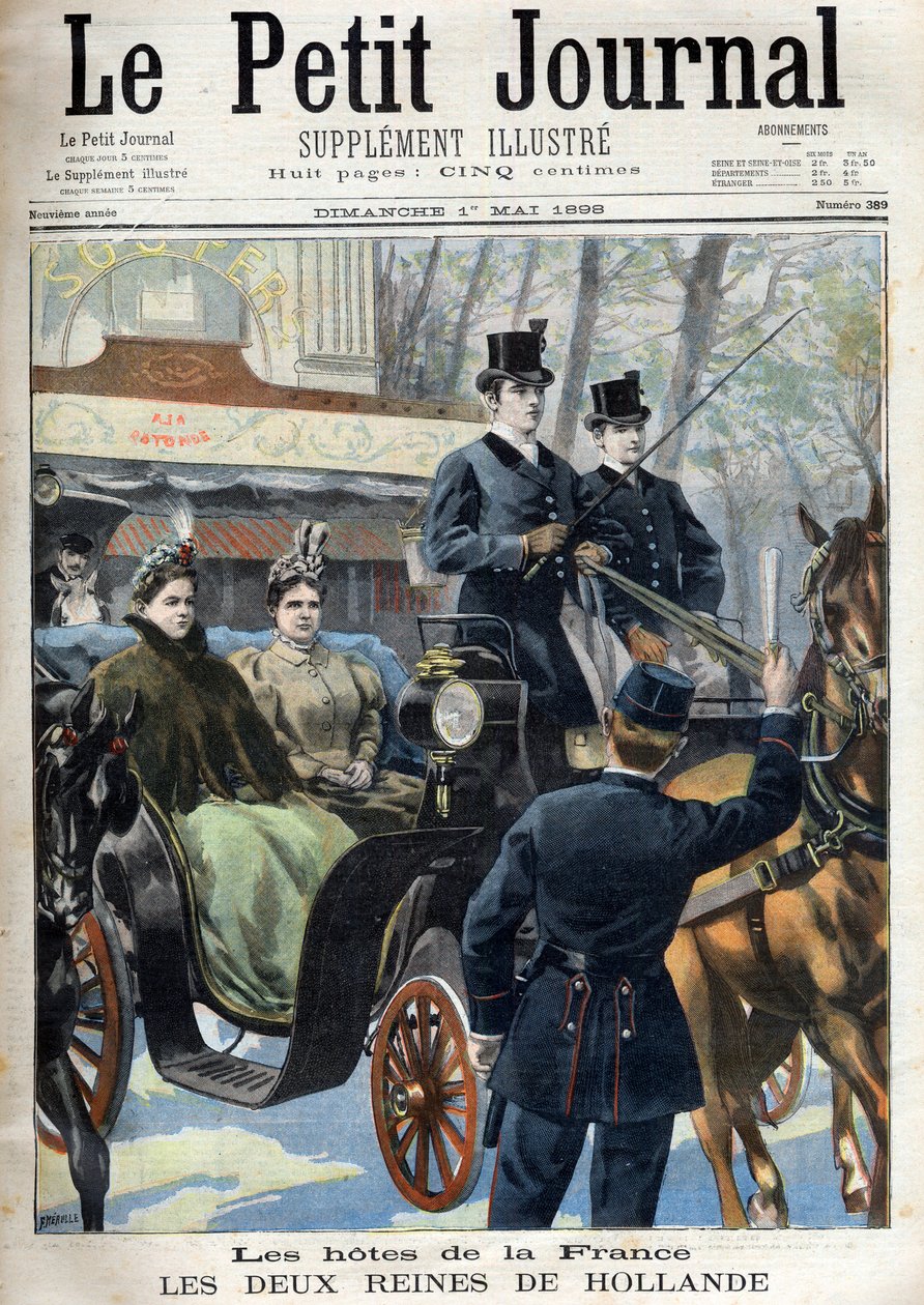 liten tidning söndagen den 1 maj 1898: Frankrikes värdar: de två queines av Holland: Emma (andra hustru till kung Willem III) (Emma av Nederländerna (1858-1934) och hennes dotter Wilhelmina (1880-1962) - Den 2 drottningar av Holland i Frankrike: drottning  av French School