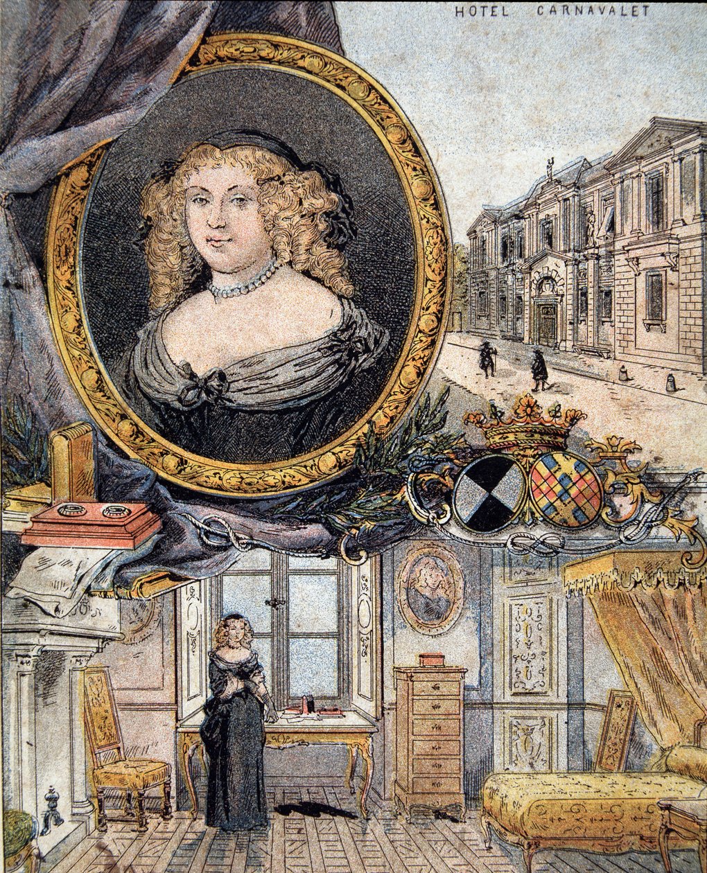 porträtt av Marie de Rabutin-Chantal (Rabutin Chantal), markisin av Sevigne känd som Madame de Sevigne (1626-1696) och hennes bostad Hotel Carnavalet. av French School