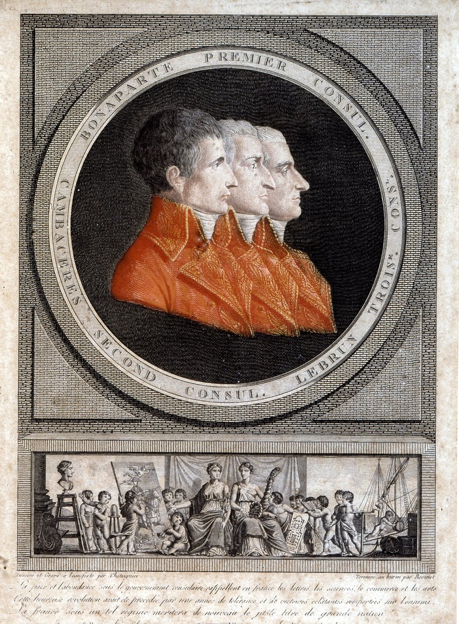porträtt av de tre konsulerna, Napoleon Bonaparte (1769-1821), Jean Jacques Regis (Jean-Jacques-Regis) de Cambaceres (1753-1824) och Charles Francois Lebrun (1739-1824)” av French School