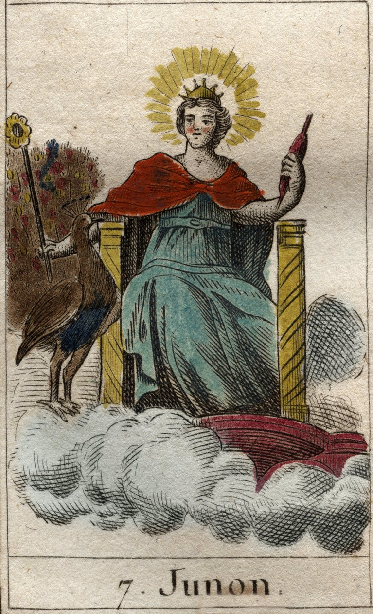 representation av den gudomliga Juno, drottning av gudar och himmel, hon är syster och hustru till Jupiter (Representation av Juno, drottning av gudarna, hustru och syster till Jupiter). Från "Mythology of Youth" av Pierre Blanchard 1803. av French School