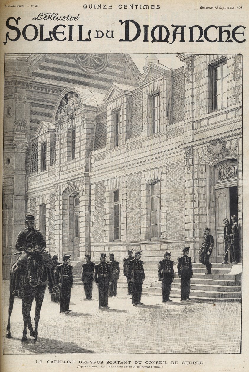 Dreyfus-affären - Kaptenen Alfred Dreyfus går ut ur krigsrådet - Dreyfusfallet - Proces de Rennes - Alfred Dreyfus lämnar krigsrådet (1899) - "Le soleil du diamanche"" från 1899 av French School