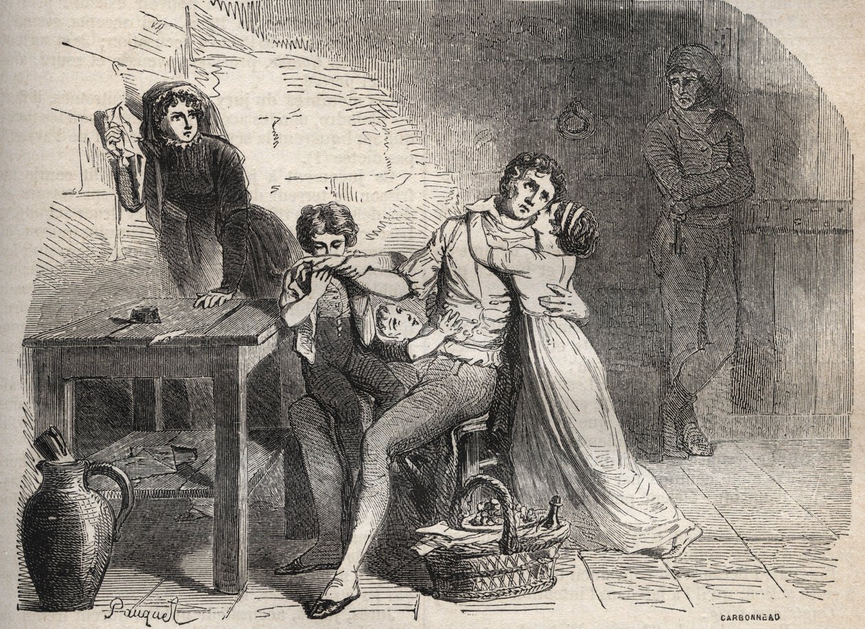 The Lyon post post-affären - Case du courrier de Lyon: Joseph Lesurques farväl till sin familj: förmodligen inblandad i fallet med Lyon-posten 1796 anklagades han felaktigt för att ha attackerat Lyon poststammen och var giljotin - Gravyr i " av French School
