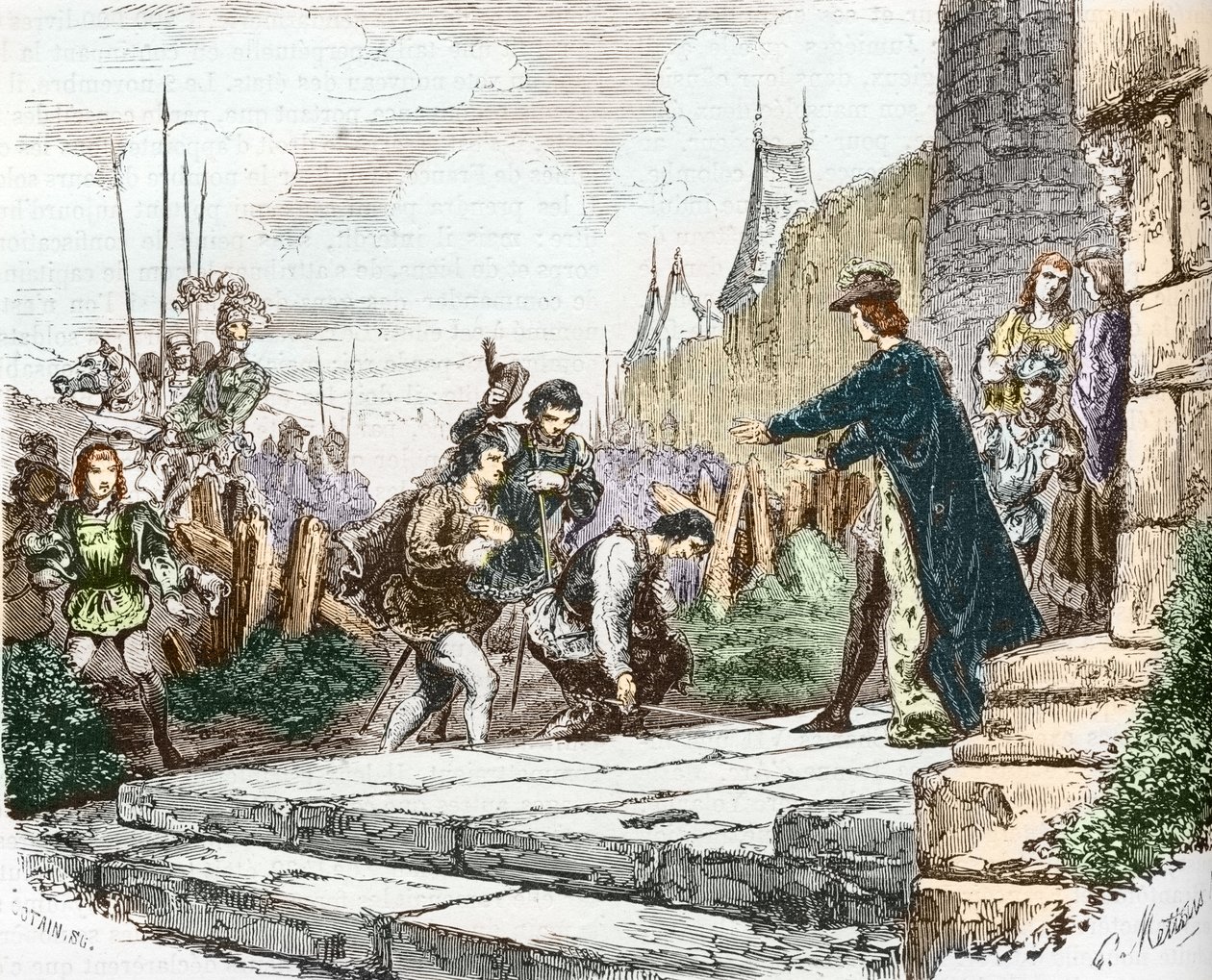 delfinen Ludvig (då Ludvig XI), hertig Johannes II av Alencon och hertig Karl I av Bourbon ber kung Karl VII om förlåtelse av French School