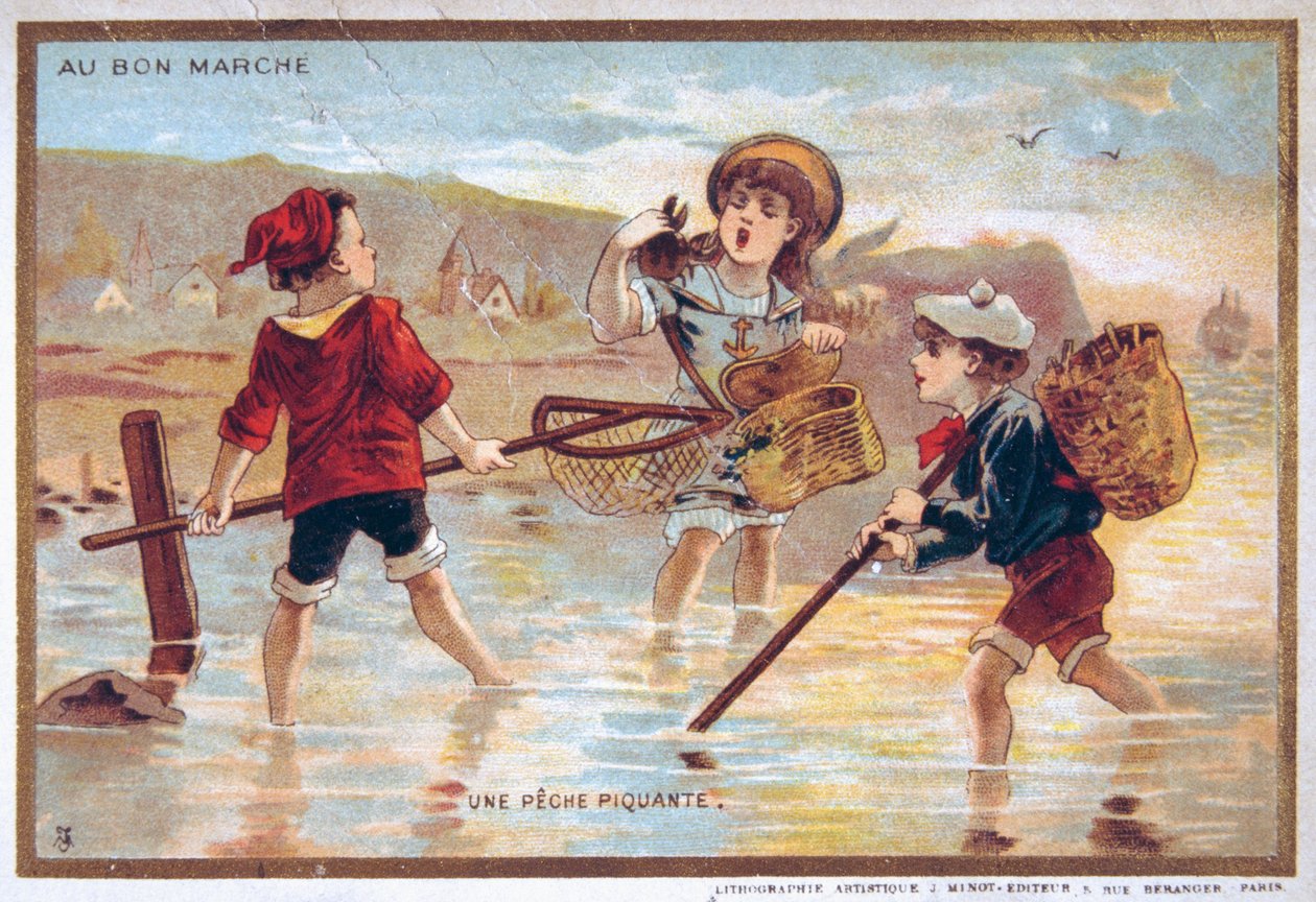 vintage vykort föreställande barn på en strand av French School