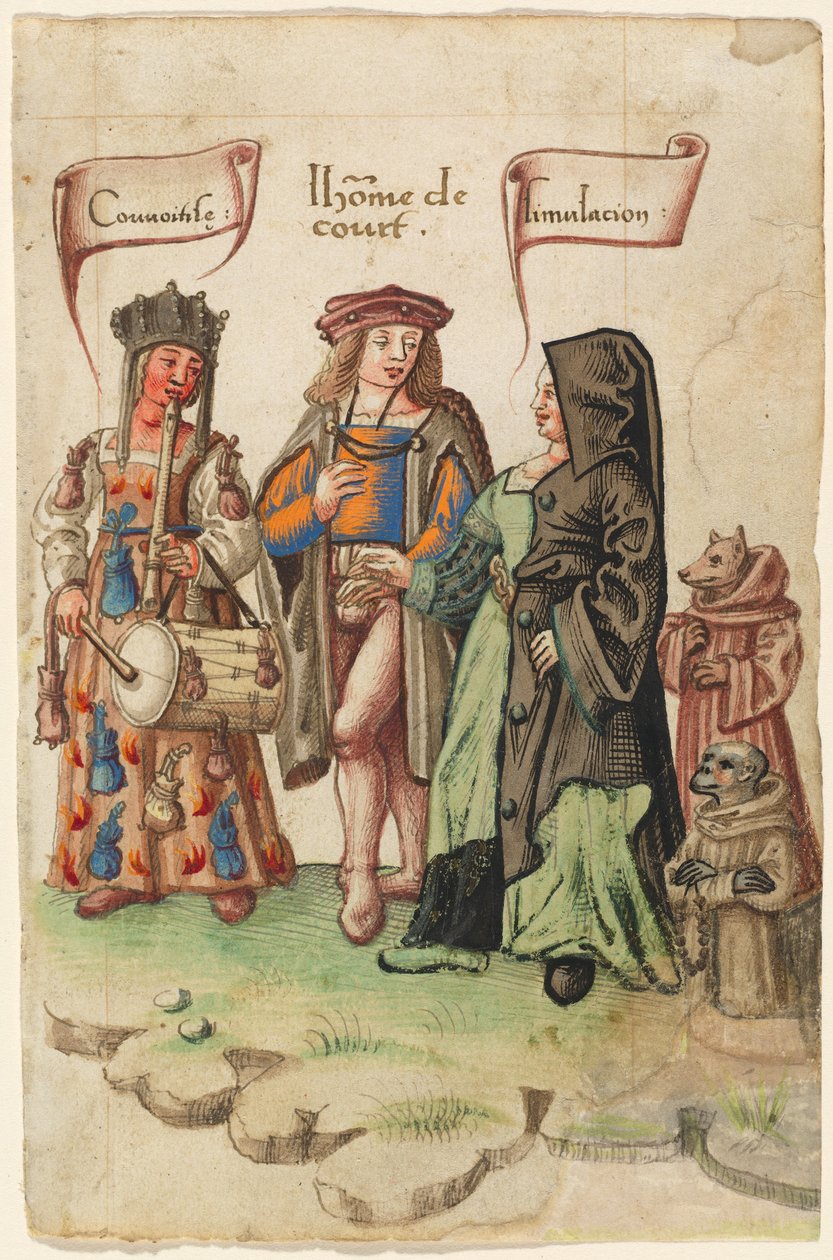 En hovman som står mellan girighet och dissimulering [fol. 14 recto] av French early 16th Century