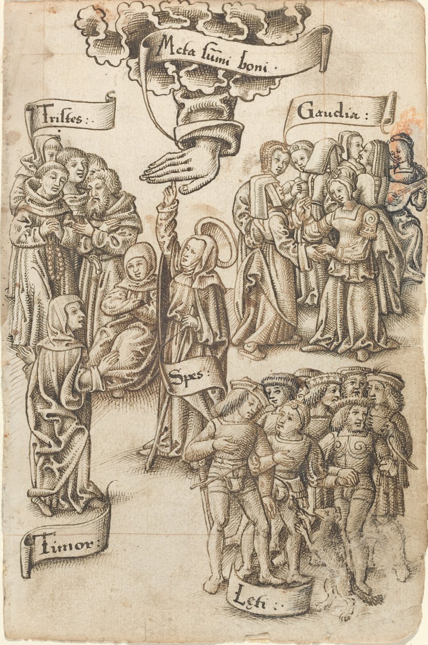 Hopp, som sträcker sig till himlen, står bland sorgsna och lyckliga män, glädjeämnen och rädsla [fol. 19 recto] av French early 16th Century
