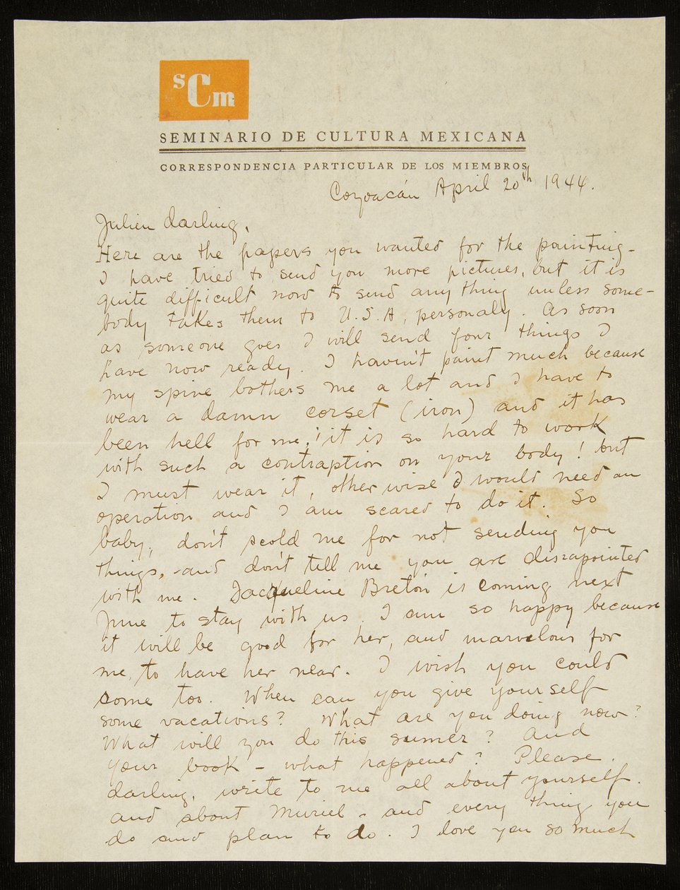Brev från Frida Kahlo till Julien Levy, på engelska, 20 april 1944 (penna  bläck på papper) av Frida Kahlo
