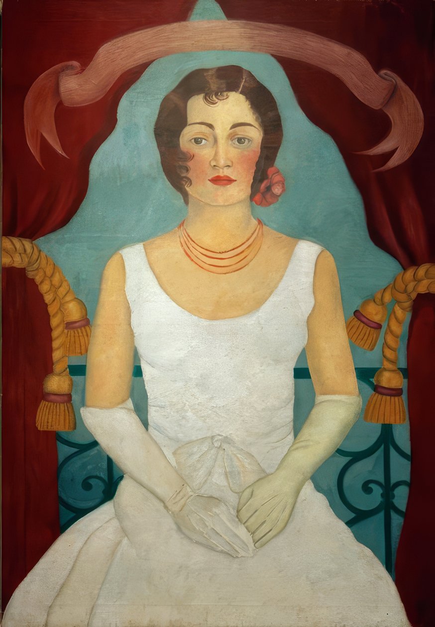 Porträtt av en dam i vit klänning av Frida Kahlo