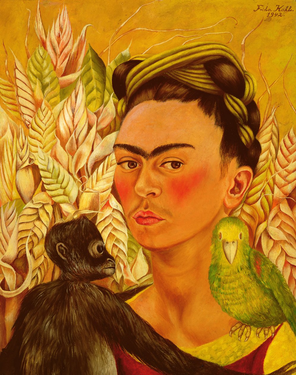 Självporträtt med apa och papegoja av Frida Kahlo