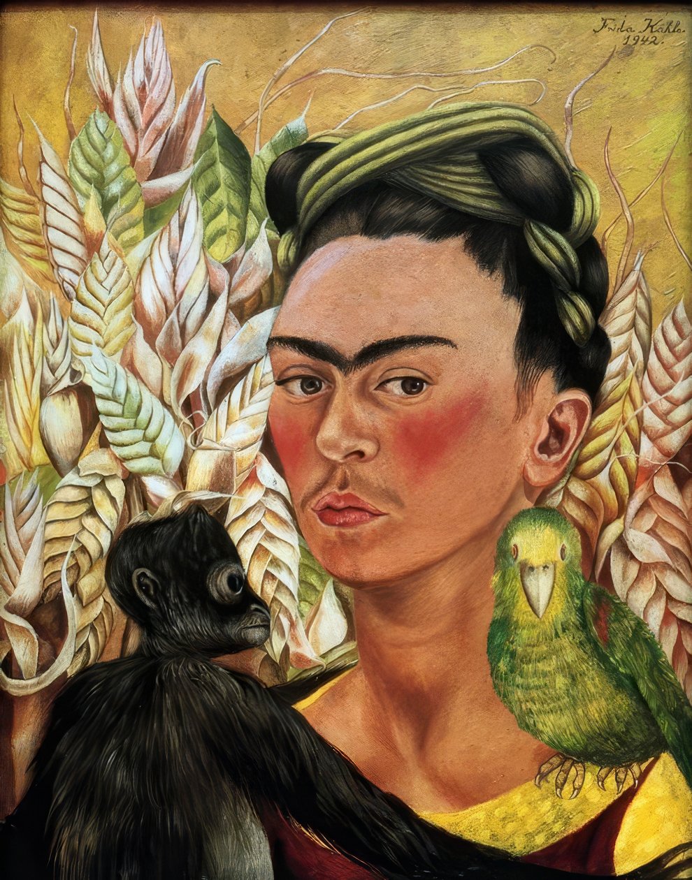 Självporträtt med apa och papegoja av Frida Kahlo