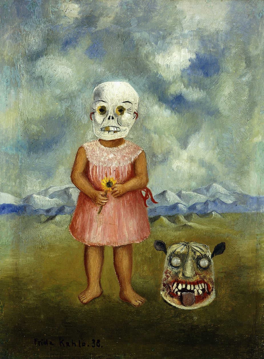 She Plays Alone eller Girl with Death Mask; Ella Juega Sola eller Nina med Mascara de la Muerte av Frida Kahlo