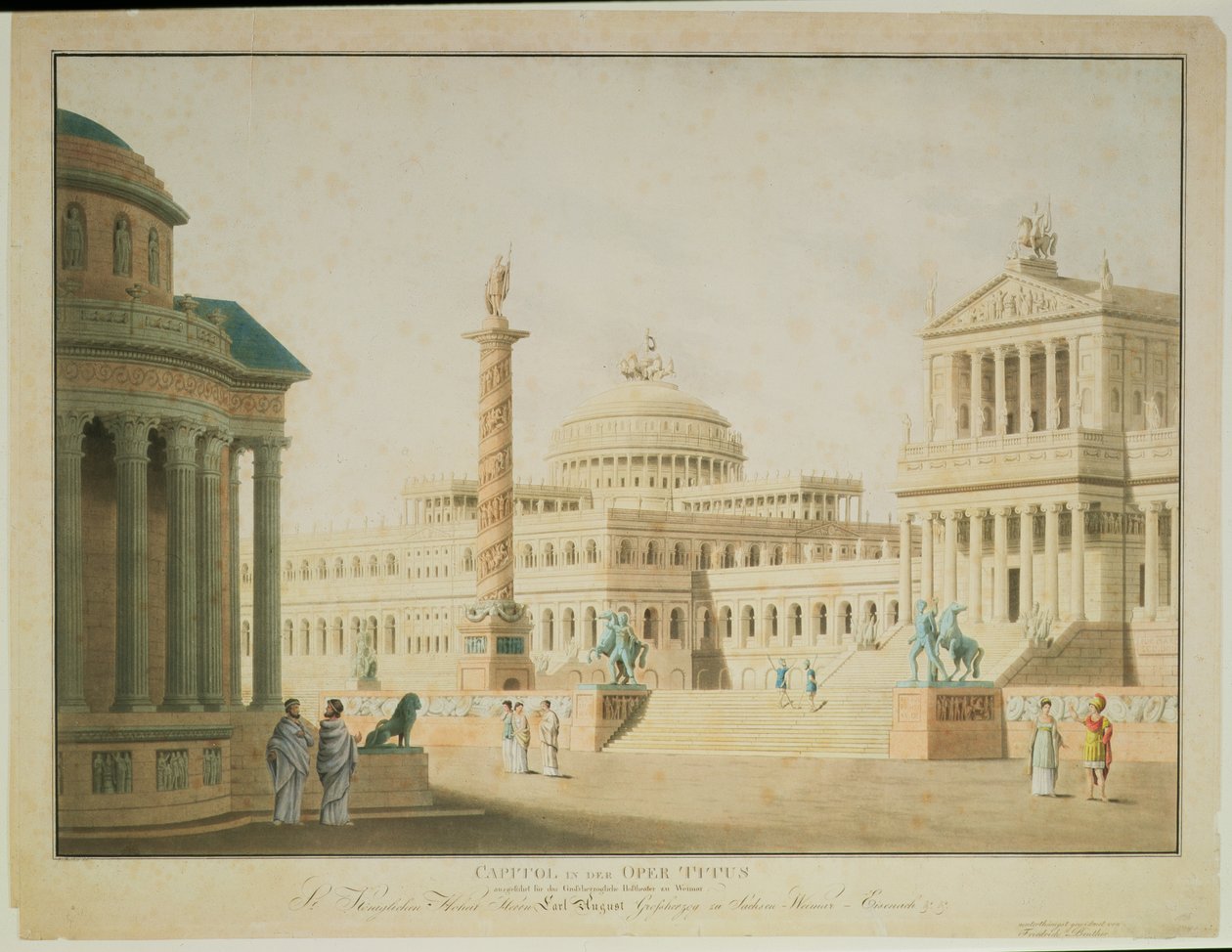 Capitolium, scenografi till "Titus" av Wolfgang Amadeus Mozart (1756-91), föreställningen i regi av Anton Genast på Hoftheater i Wien, graverad av konstnären, 1815 av Friedrich Beuther