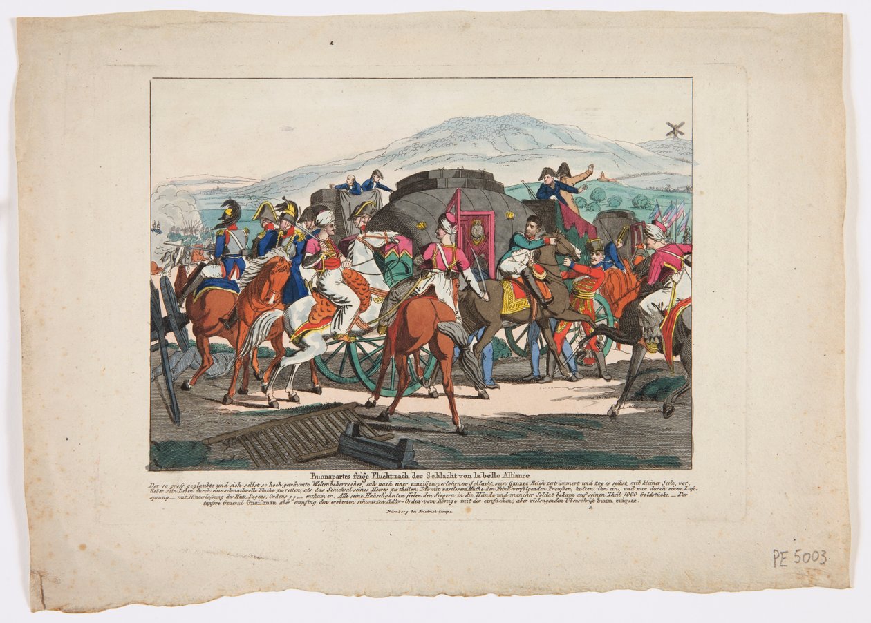 Napoleons flykt från slaget vid Waterloo, 1815 (färgad etsning) av Friedrich Campe
