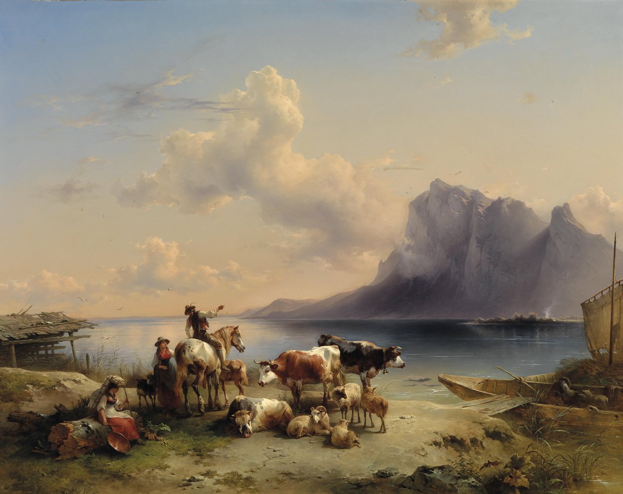 Hirten und Vieh am Attersee av Friedrich Gauermann