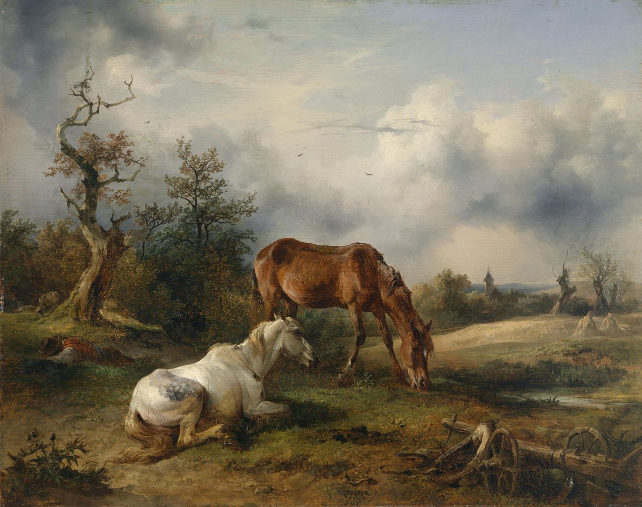 Zwei Pferde (ein Schimmel und ein Fuchs) auf der Weide av Friedrich Gauermann