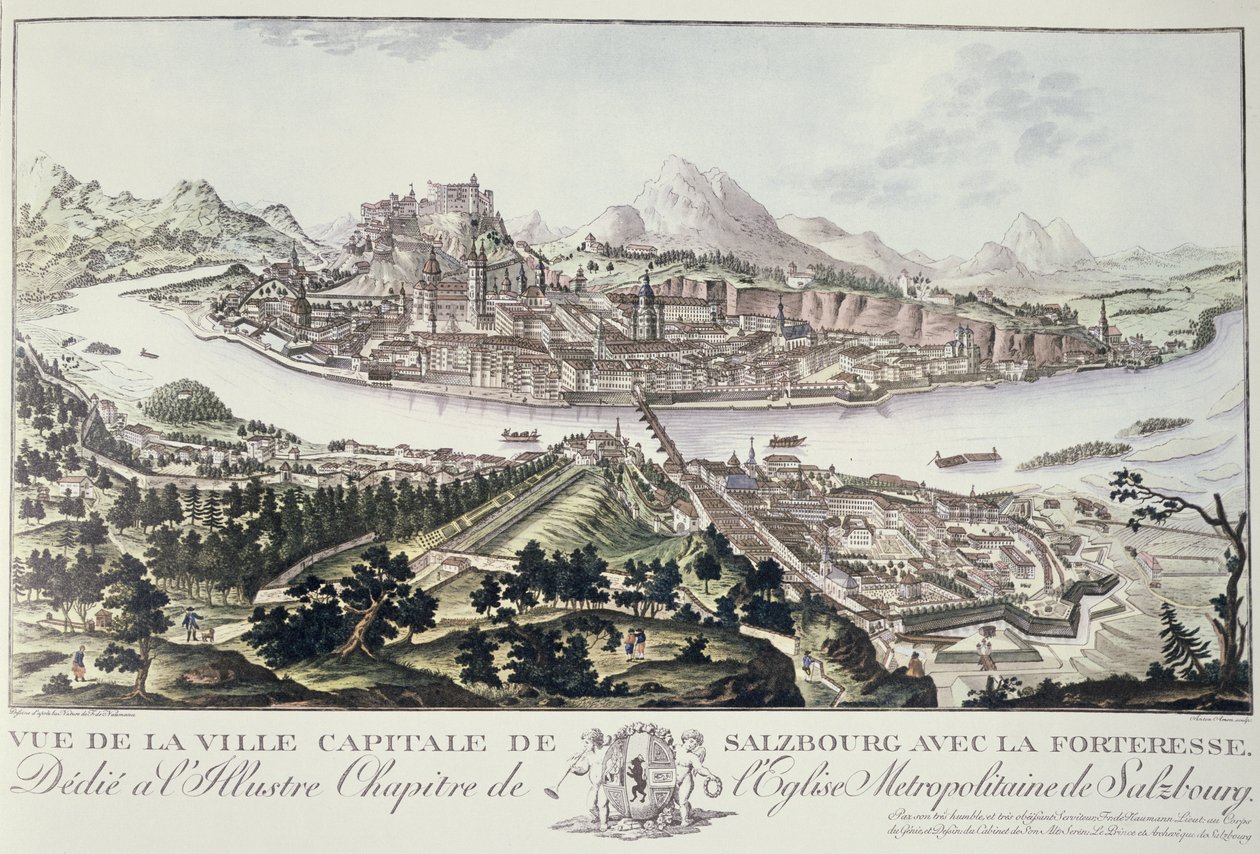 Vy över Salzburgs huvudstad och fästning, tillägnad det ädla kapitlet i Metropolitankyrkan i Salzburg, 1791 av Friedrich Gotthard Naumann