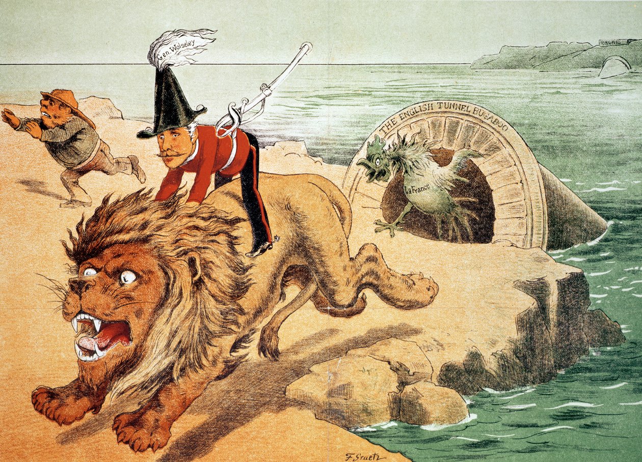 "Lejonet kan inte möta hanens korving", The American view of the Channel Tunnel Scare, illustration från "Puck" magazine av Friedrich Graetz