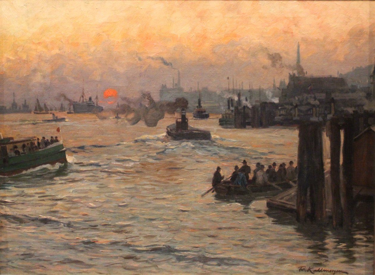 Återvändande varvs- och hamnarbetare i hamnen i Hamburg på kvällen av Friedrich Kallmorgen